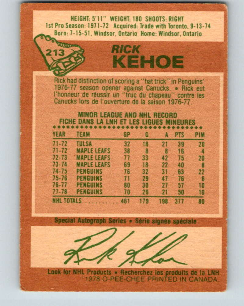 1978-79 O-Pee-Chee #213 Rick Kehoe  Pittsburgh Penguins  8512 Image 2