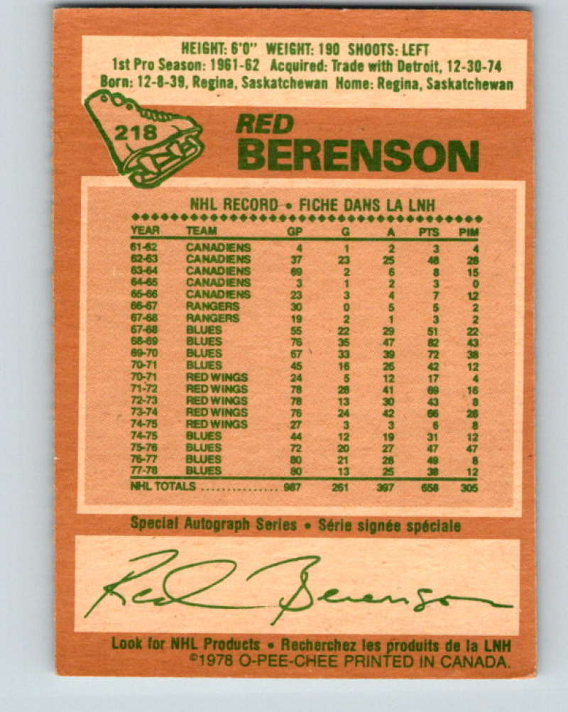 1978-79 O-Pee-Chee #218 Red Berenson  St. Louis Blues  8517
