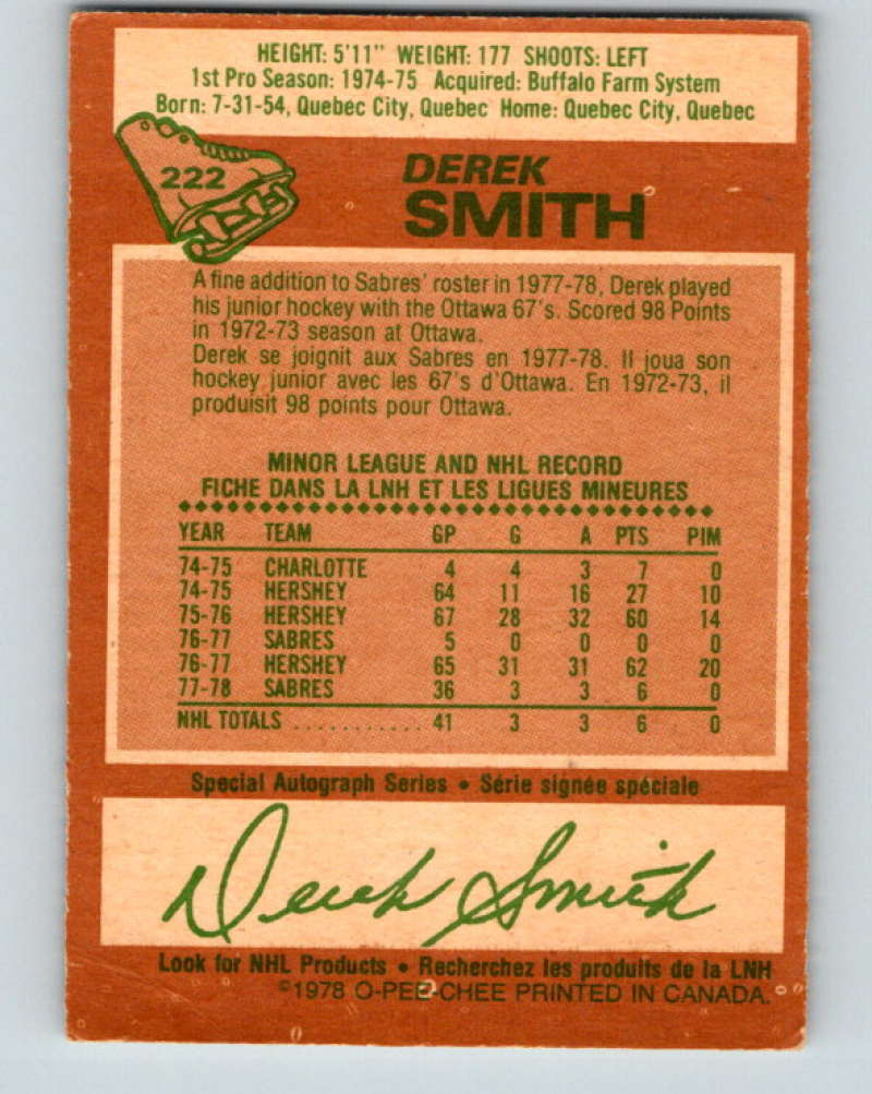 1978-79 O-Pee-Chee #222 Derek Smith  RC Rookie Buffalo Sabres  8521 Image 2