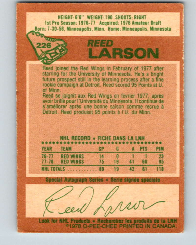 1978-79 O-Pee-Chee #226 Reed Larson  RC Rookie Detroit Red Wings  8525 Image 2