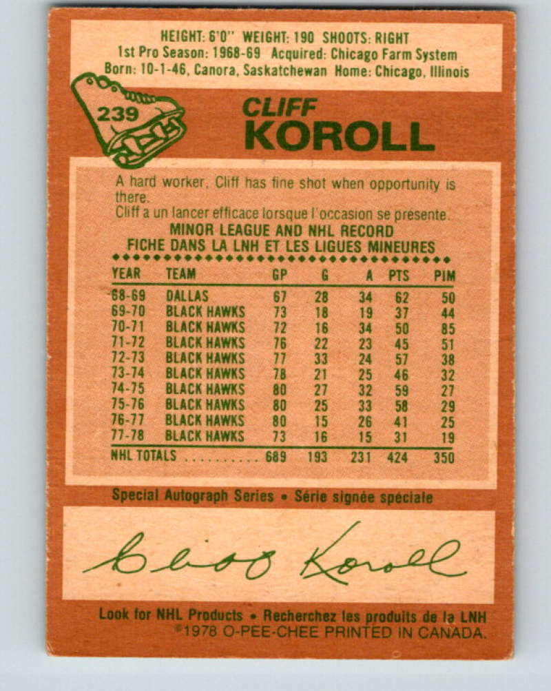 1978-79 O-Pee-Chee #239 Cliff Koroll  Chicago Blackhawks  8538 Image 2