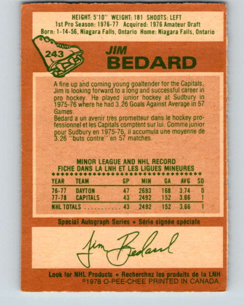 1978-79 O-Pee-Chee #243 Jim Bedard  RC Rookie Washington Capitals  8542