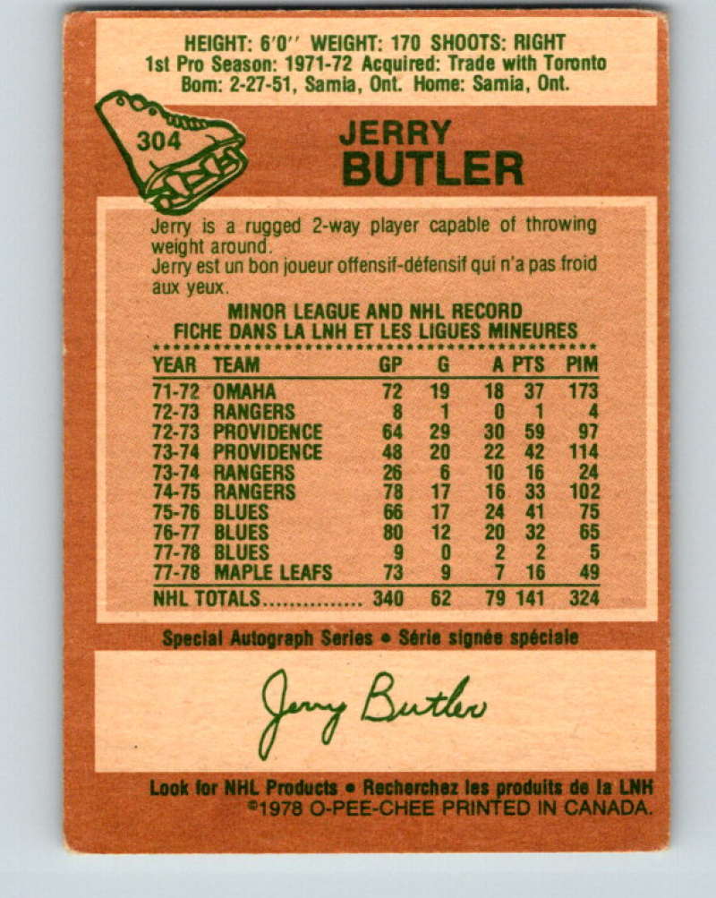 1978-79 O-Pee-Chee #304 Jerry Butler  Toronto Maple Leafs  8603 Image 2