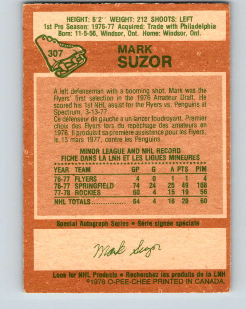 1978-79 O-Pee-Chee #307 Mark Suzor  RC Rookie Boston Bruins  8606 Image 2