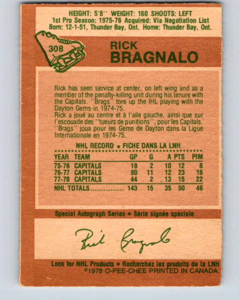 1978-79 O-Pee-Chee #308 Rick Bragnalo  Washington Capitals  8607 Image 2