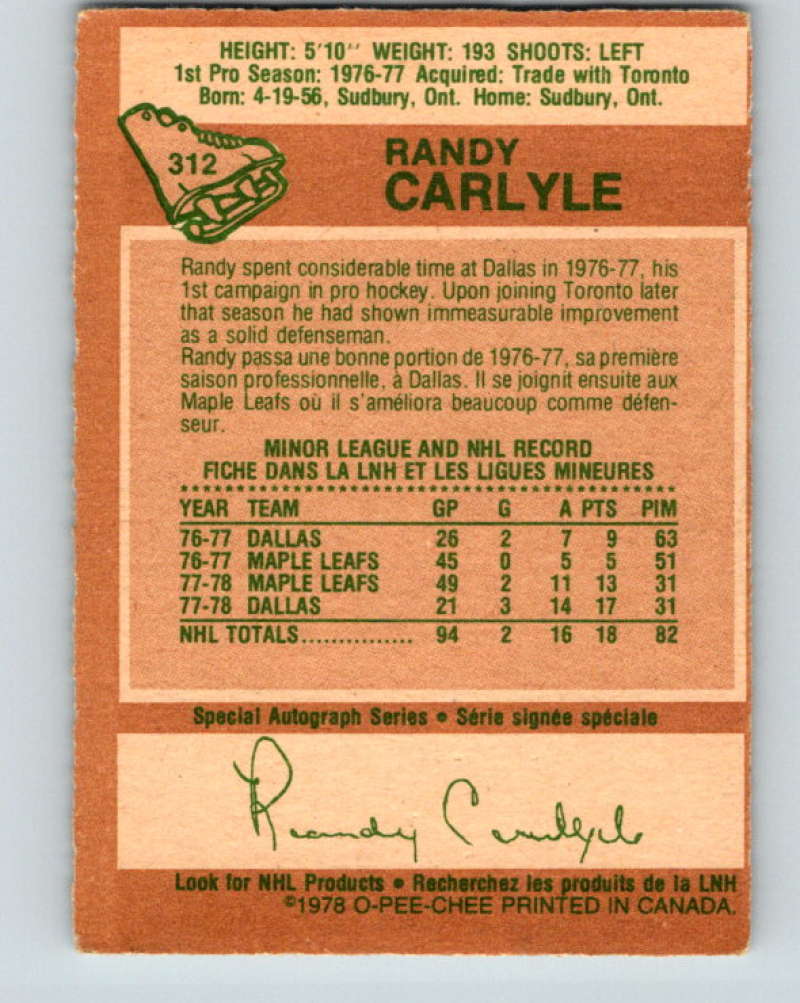 1978-79 O-Pee-Chee #312 Randy Carlyle  RC Rookie Pittsburgh Penguins  8611