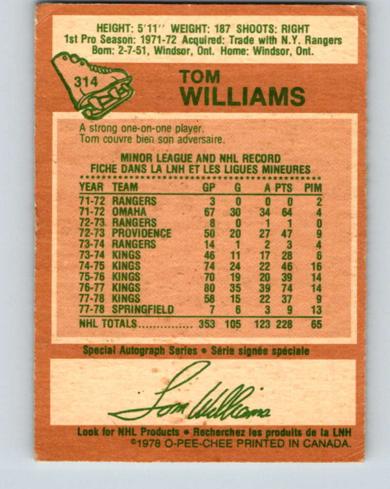 1978-79 O-Pee-Chee #314 Tom Williams  Los Angeles Kings  8613 Image 2