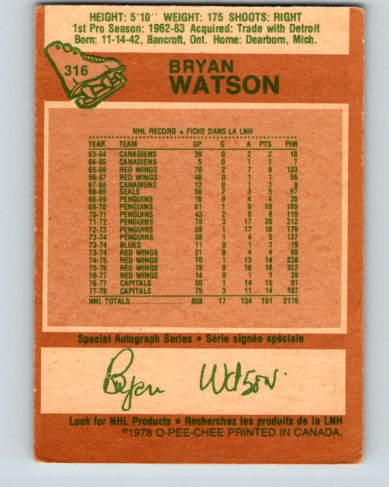 1978-79 O-Pee-Chee #316 Bryan Watson  Washington Capitals  8615 Image 2