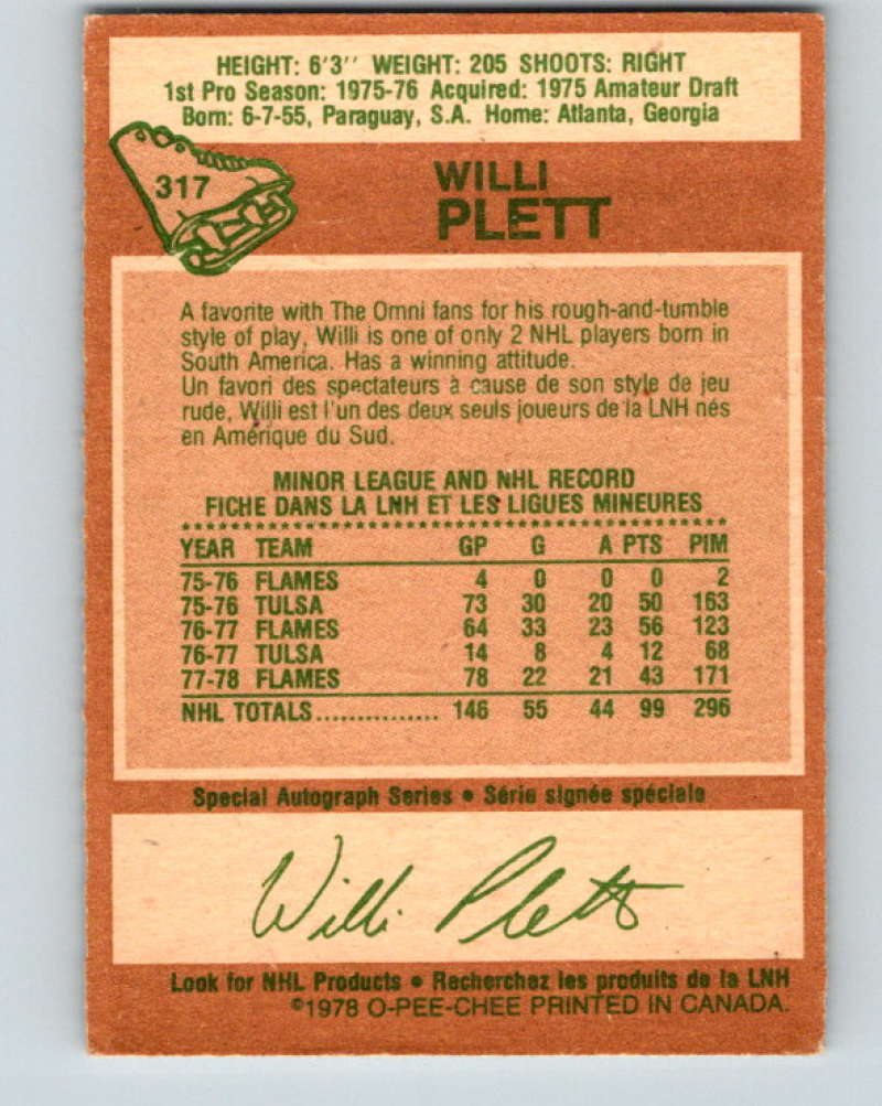 1978-79 O-Pee-Chee #317 Willi Plett  Atlanta Flames  8616 Image 2