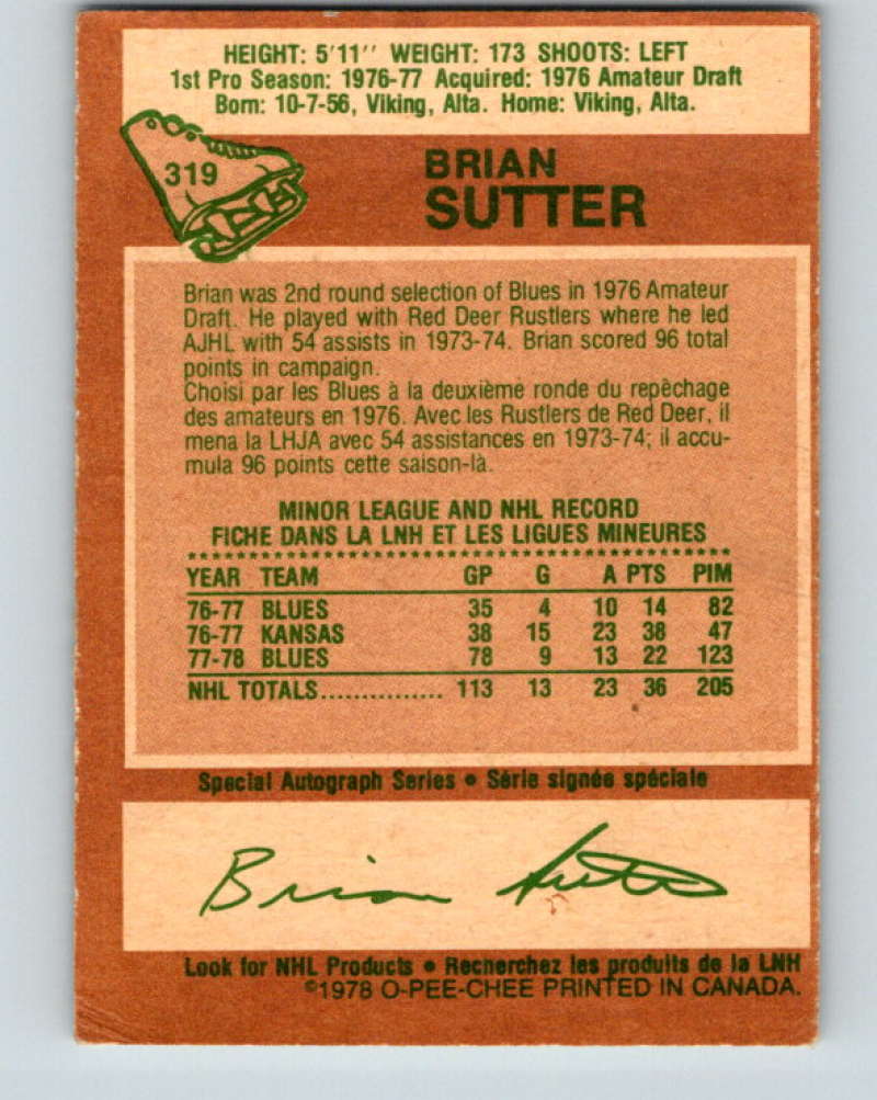 1978-79 O-Pee-Chee #319 Brian Sutter  RC Rookie St. Louis Blues  8618