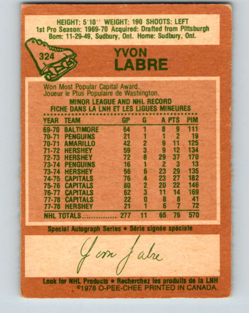 1978-79 O-Pee-Chee #324 Yvon Labre  Washington Capitals  8623