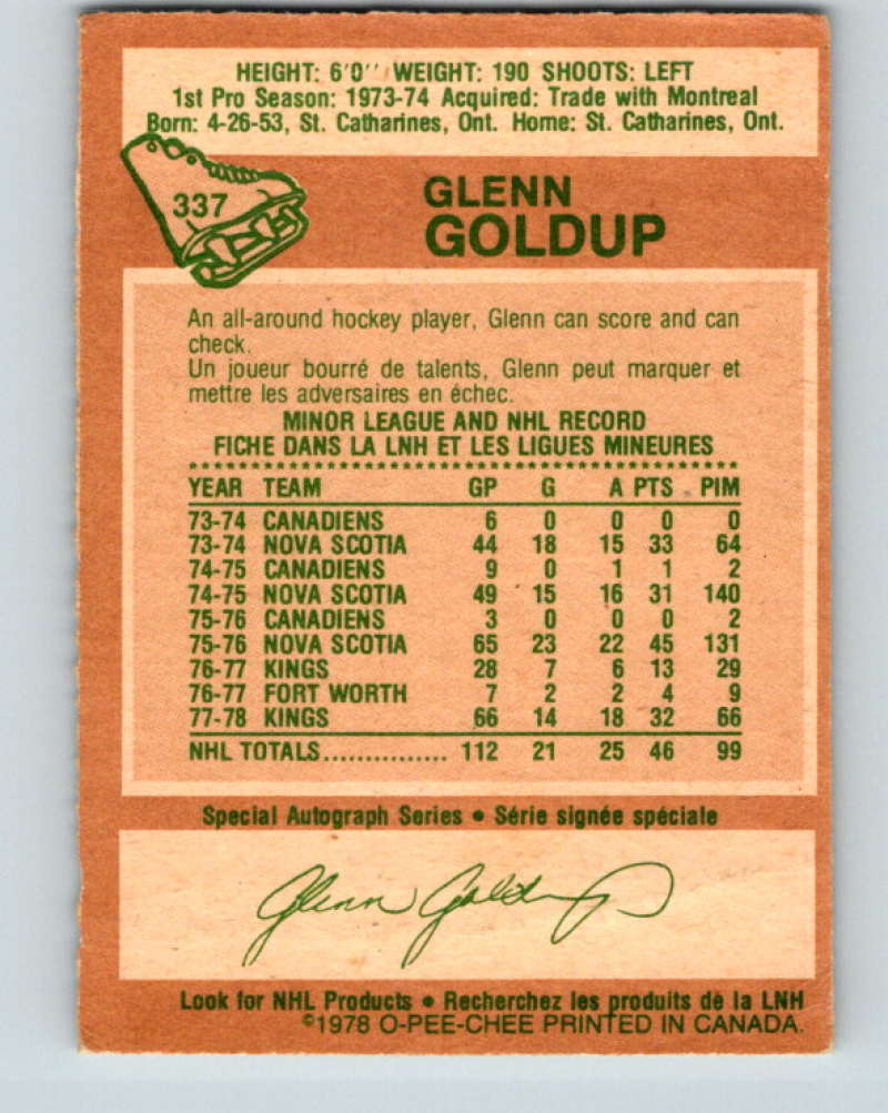 1978-79 O-Pee-Chee #337 Glenn Goldup  Los Angeles Kings  8636 Image 2