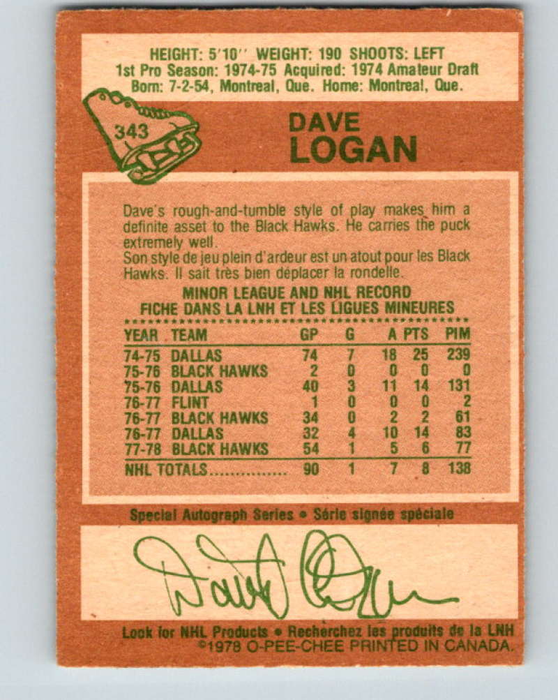 1978-79 O-Pee-Chee #343 Dave Logan  RC Rookie Chicago Blackhawks  8642 Image 2