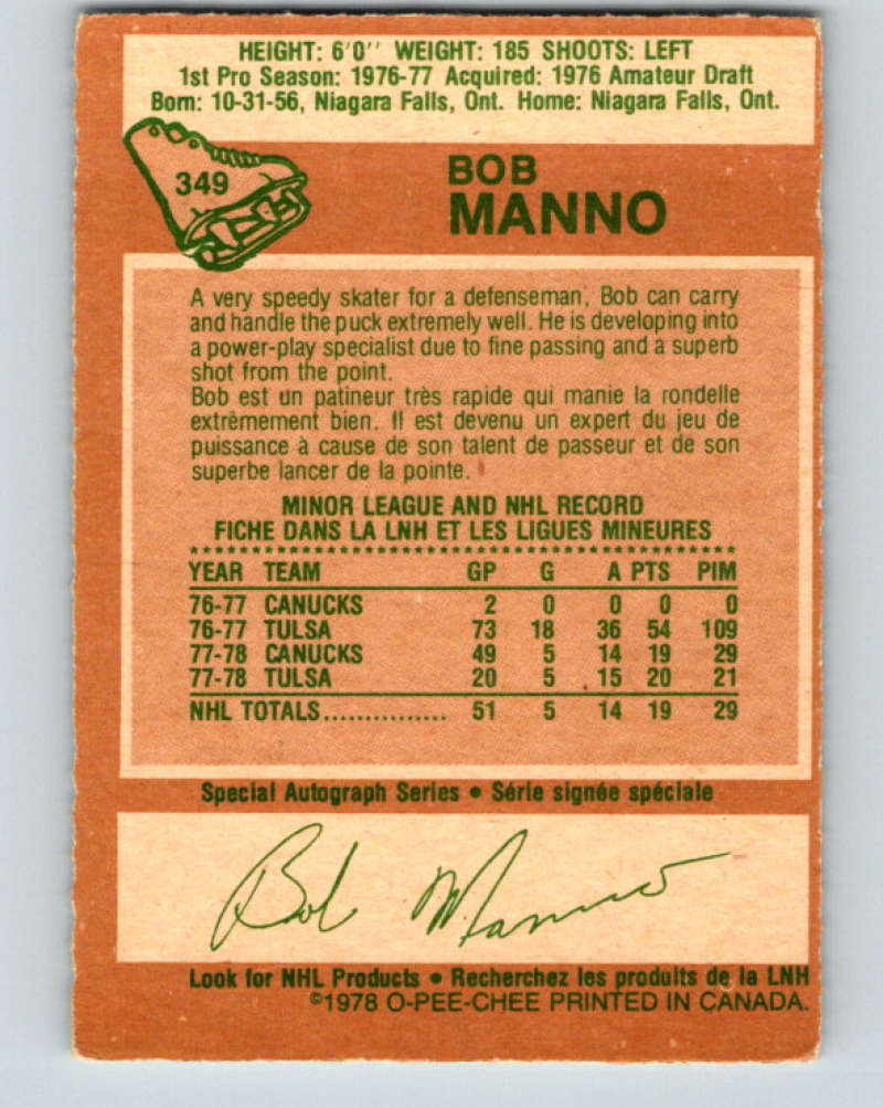 1978-79 O-Pee-Chee #349 Bob Manno  RC Rookie Vancouver Canucks  8648 Image 2