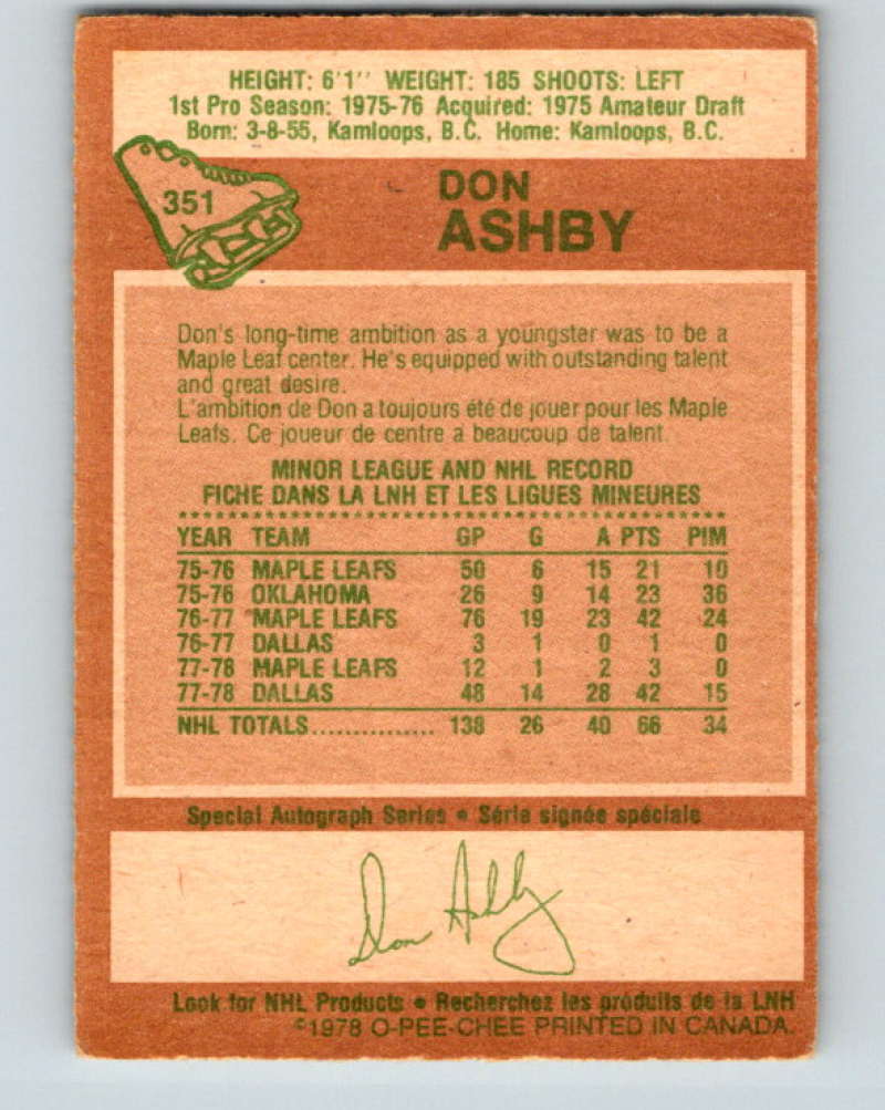 1978-79 O-Pee-Chee #351 Don Ashby  Toronto Maple Leafs  8650