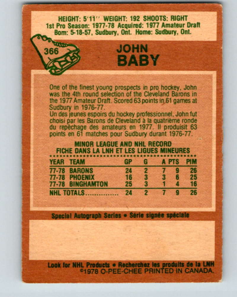1978-79 O-Pee-Chee #366 John Baby  RC Rookie Minnesota North Stars  8665 Image 2