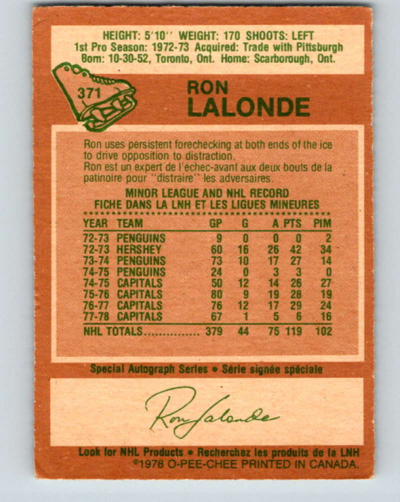 1978-79 O-Pee-Chee #371 Ron Lalonde  Washington Capitals  8670 Image 2