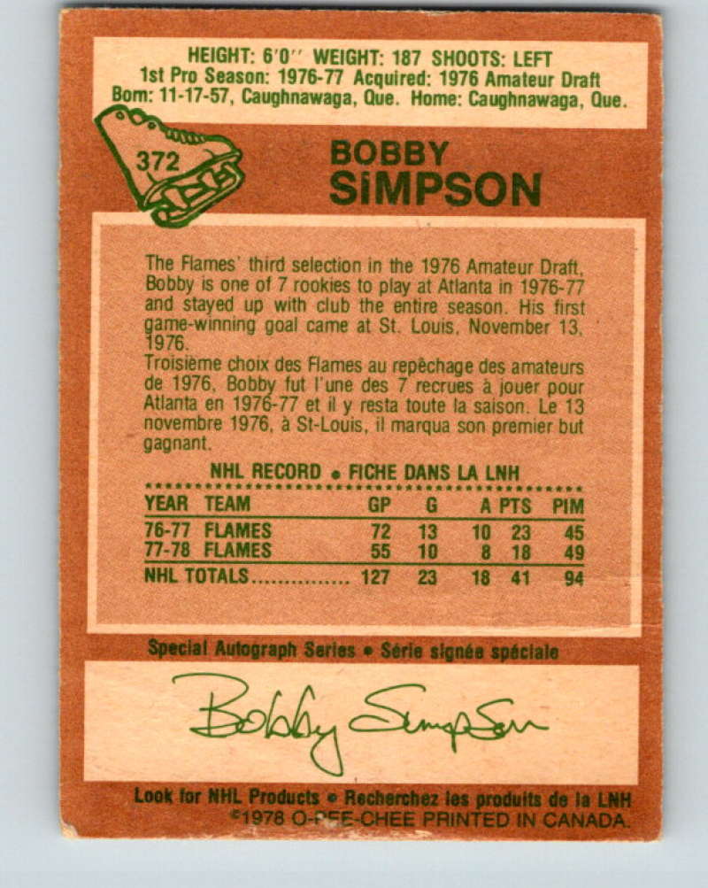 1978-79 O-Pee-Chee #372 Bobby Simpson  Atlanta Flames  8671 Image 2