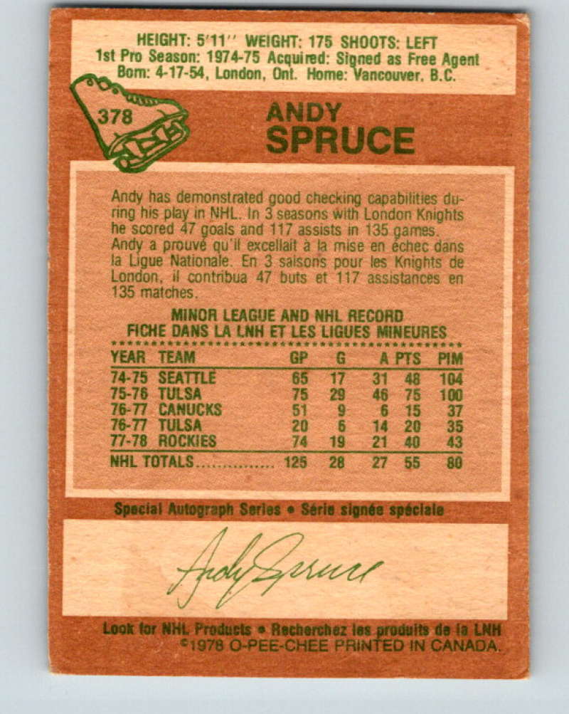 1978-79 O-Pee-Chee #378 Andy Spruce  RC Rookie Colorado Rockies  8677 Image 2