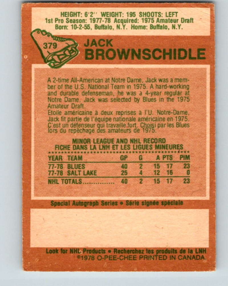 1978-79 O-Pee-Chee #379 Jack Brownschidle  RC Rookie St. Louis Blues  8678 Image 2