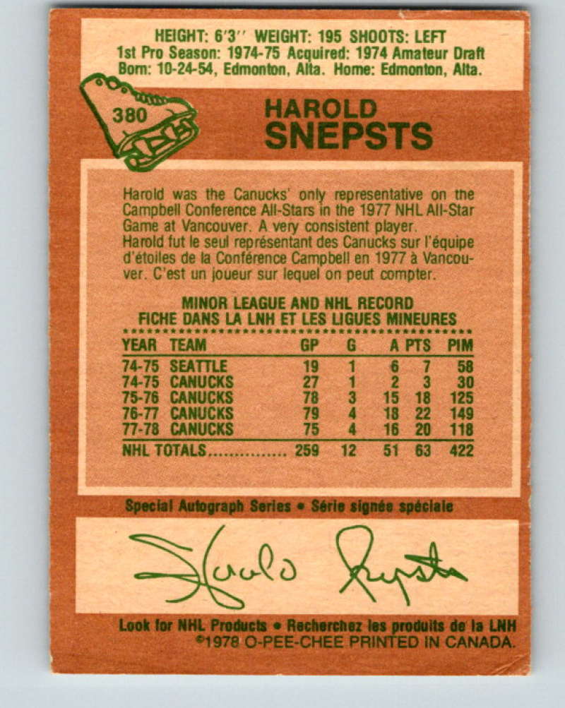 1978-79 O-Pee-Chee #380 Harold Snepsts  Vancouver Canucks  8679