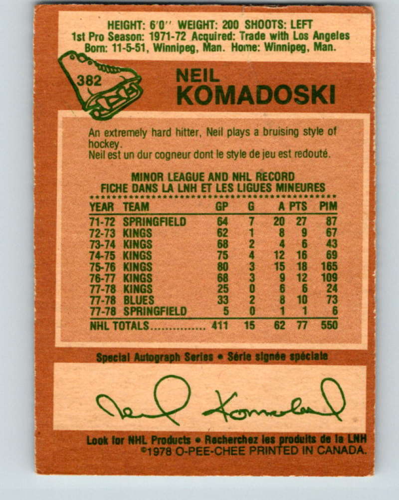 1978-79 O-Pee-Chee #382 Neil Komadoski  St. Louis Blues  8681 Image 2