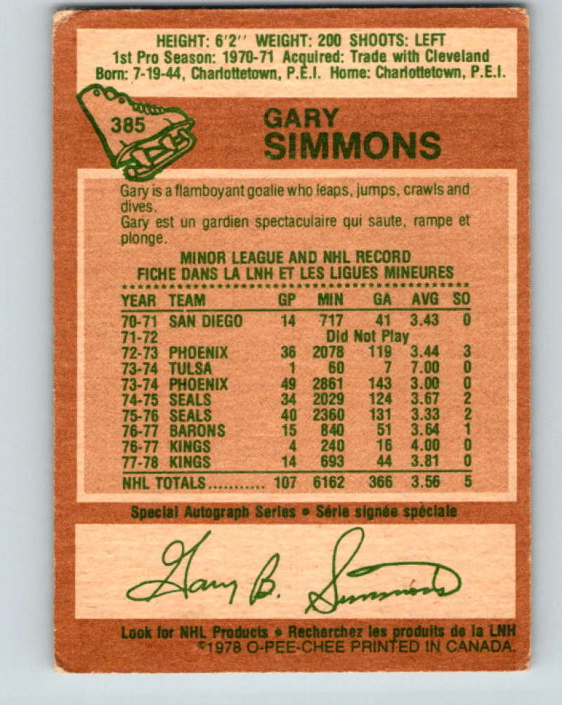 1978-79 O-Pee-Chee #385 Gary Simmons  Los Angeles Kings  8684