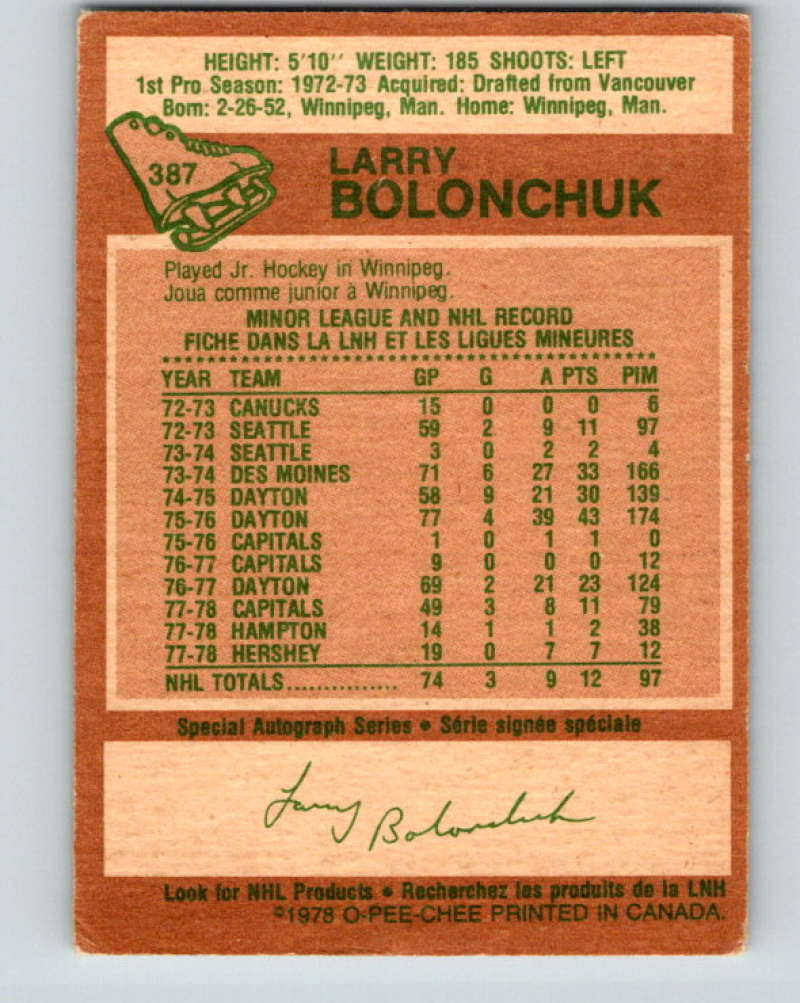 1978-79 O-Pee-Chee #387 Larry Bolonchuk  Washington Capitals  8686 Image 2