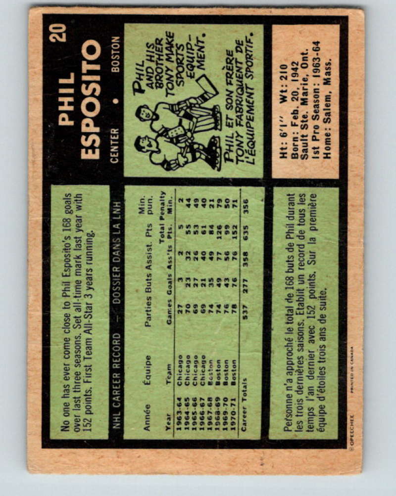 1971-72 O-Pee-Chee #20 Phil Esposito  Boston Bruins  8715