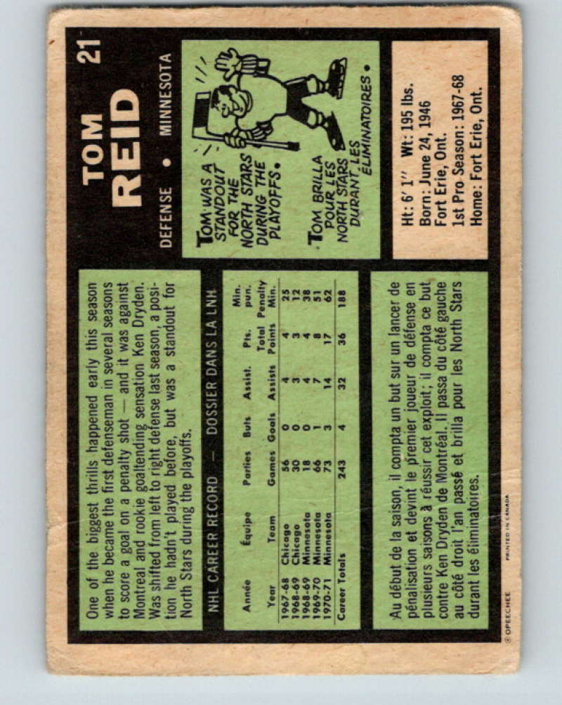 1971-72 O-Pee-Chee #21 Tom Reid  Minnesota North Stars  8716