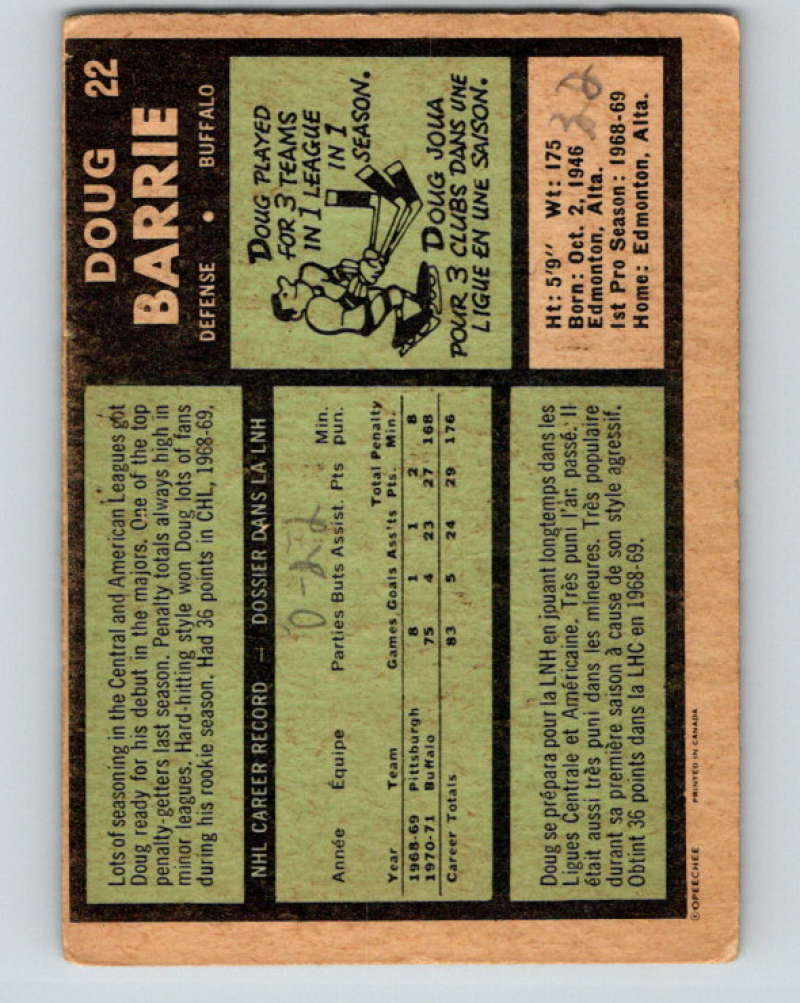 1971-72 O-Pee-Chee #22 Doug Barrie  RC Rookie Buffalo Sabres  8717 Image 2