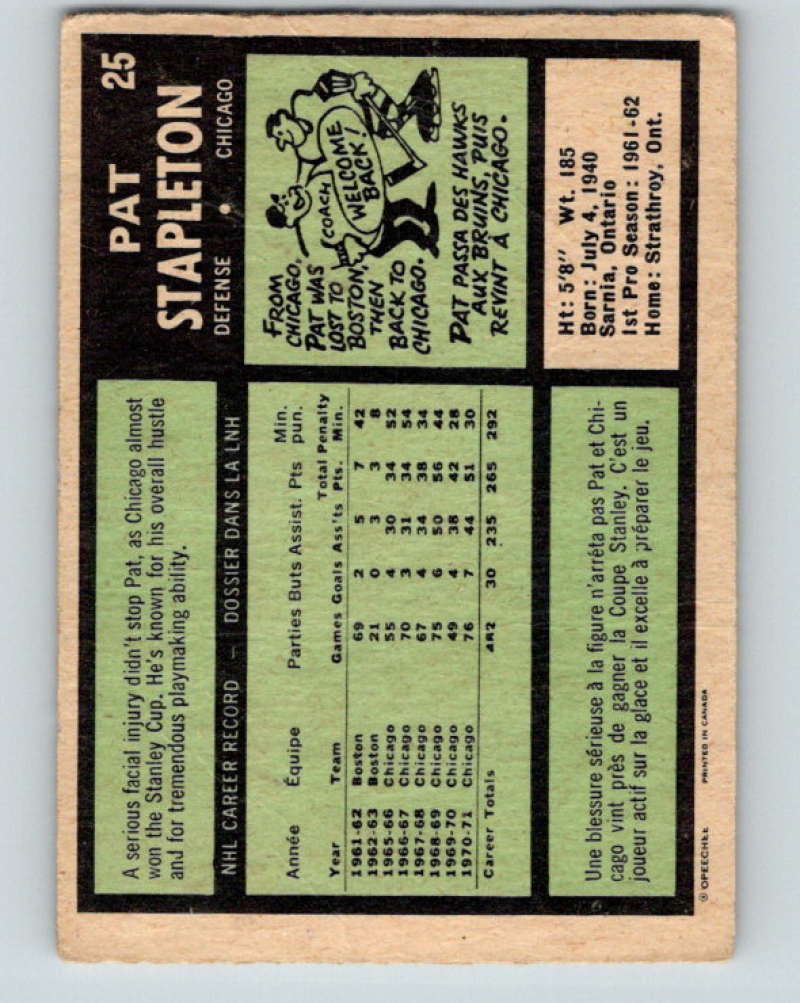 1971-72 O-Pee-Chee #25 Pat Stapleton  Chicago Blackhawks  8720