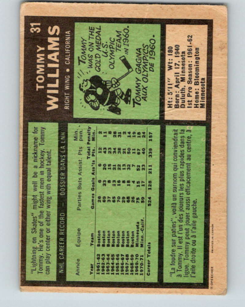 1971-72 O-Pee-Chee #31 Tom Williams  California Golden Seals  8726