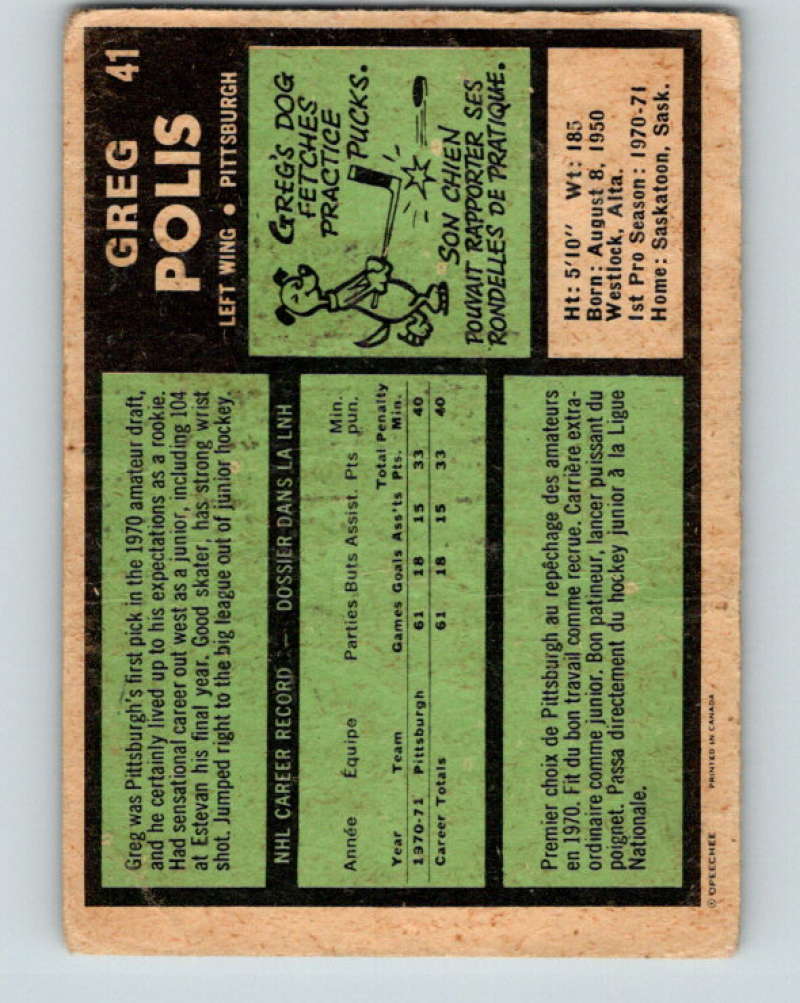 1971-72 O-Pee-Chee #41 Greg Polis  RC Rookie Pittsburgh Penguins  8736