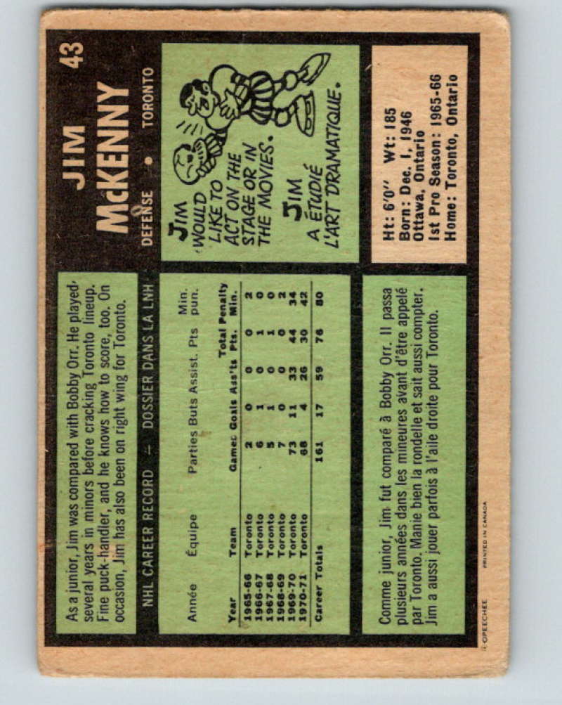 1971-72 O-Pee-Chee #43 Jim McKenny  RC Rookie Toronto Maple Leafs  8738