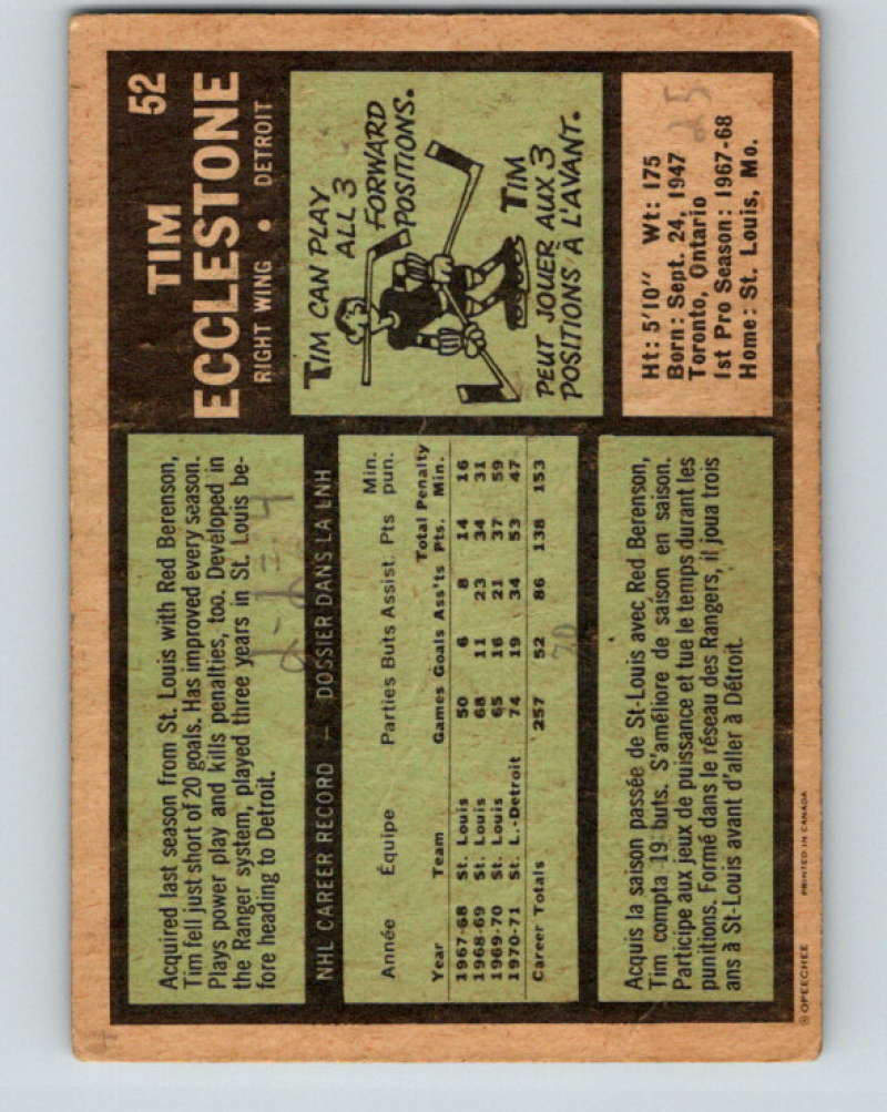 1971-72 O-Pee-Chee #52 Tim Ecclestone  Detroit Red Wings  8747