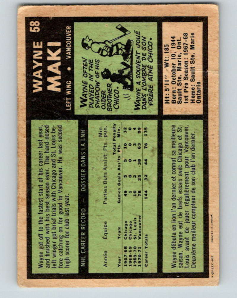 1971-72 O-Pee-Chee #58 Wayne Maki  Vancouver Canucks  8753