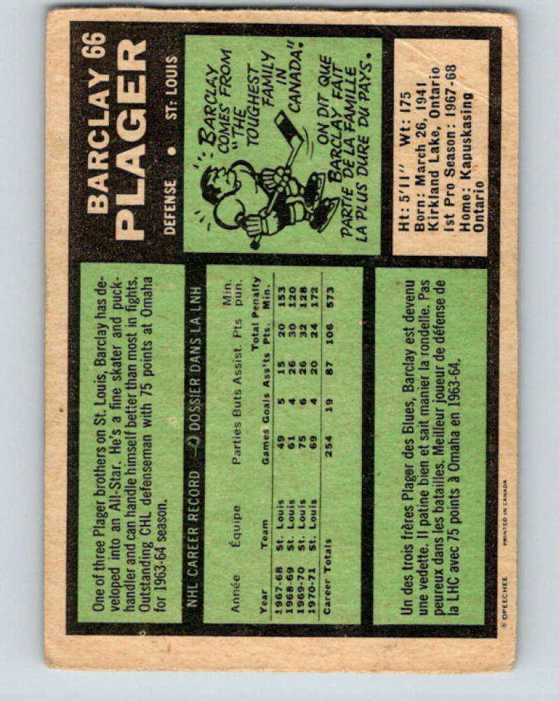 1971-72 O-Pee-Chee #66 Barclay Plager  St. Louis Blues  8761