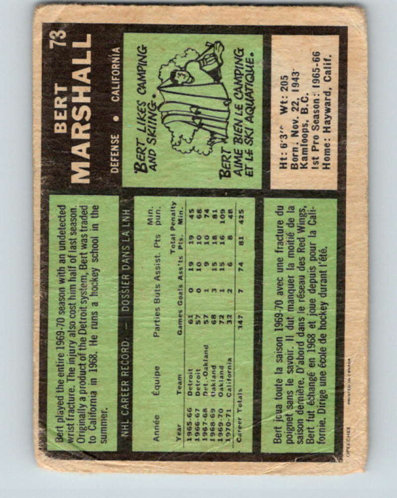 1971-72 O-Pee-Chee #73 Bert Marshall  California Golden Seals  8768 Image 2