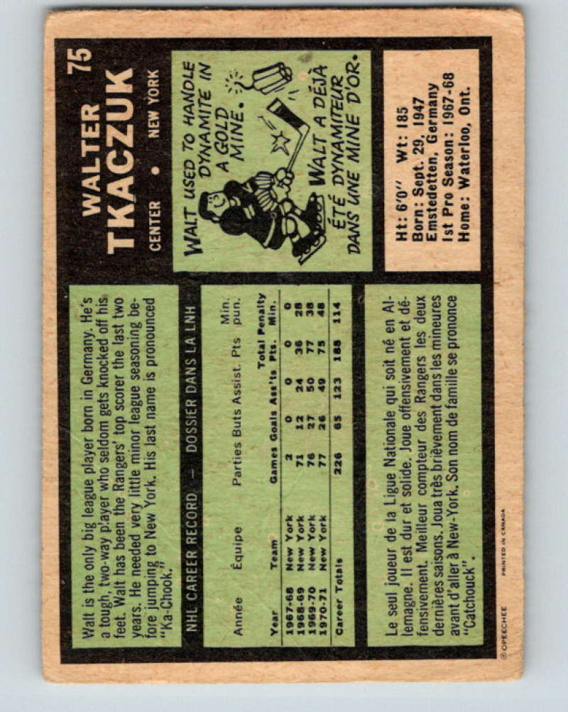 1971-72 O-Pee-Chee #75 Walt Tkaczuk  New York Rangers  8770 Image 2