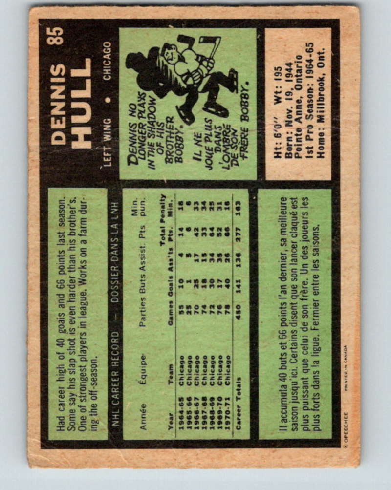 1971-72 O-Pee-Chee #85 Dennis Hull  Chicago Blackhawks  8780