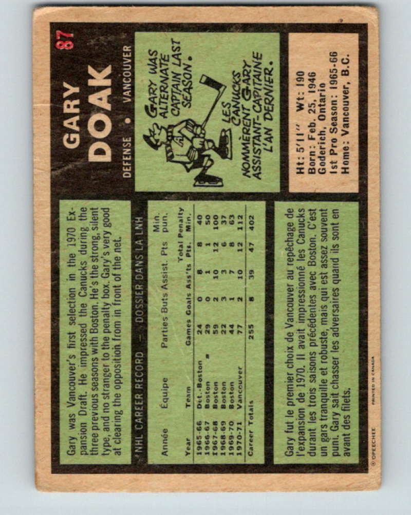 1971-72 O-Pee-Chee #87 Gary Doak  Vancouver Canucks  8782