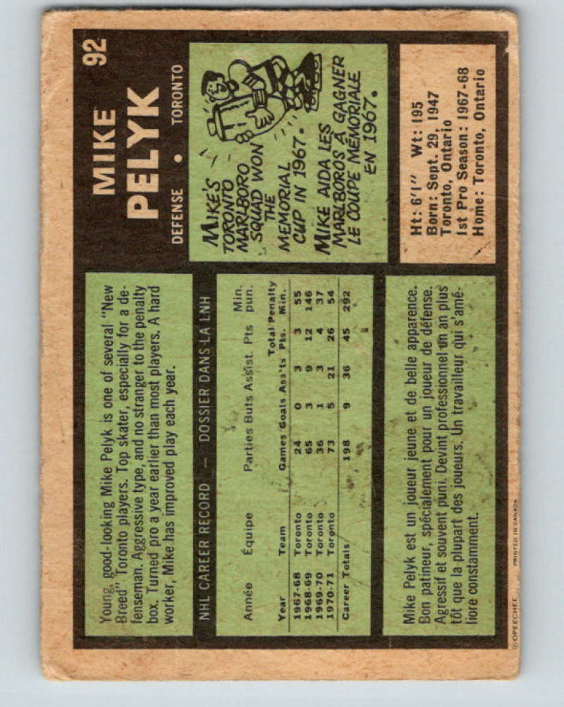 1971-72 O-Pee-Chee #92 Mike Pelyk  Toronto Maple Leafs  8787