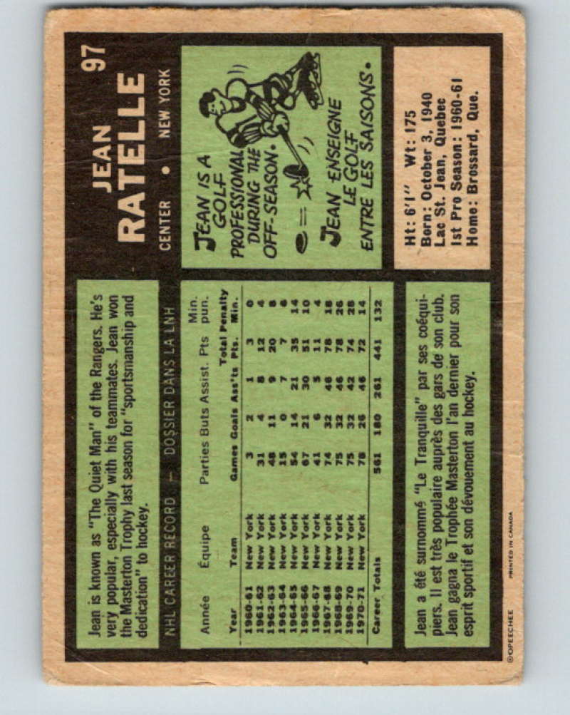 1971-72 O-Pee-Chee #97 Jean Ratelle  New York Rangers  8792