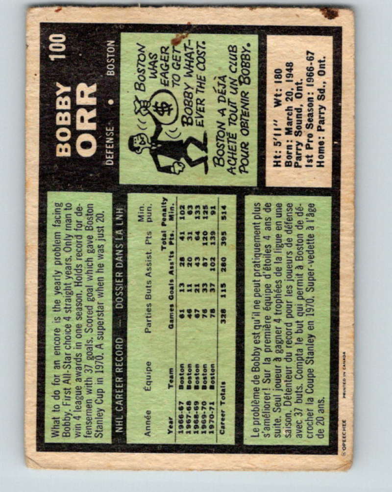 1971-72 O-Pee-Chee #100 Bobby Orr  Boston Bruins  8795