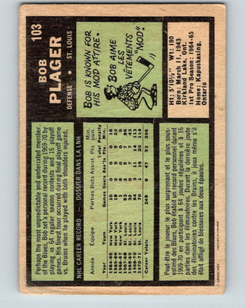 1971-72 O-Pee-Chee #103 Bob Plager UER  St. Louis Blues  8798