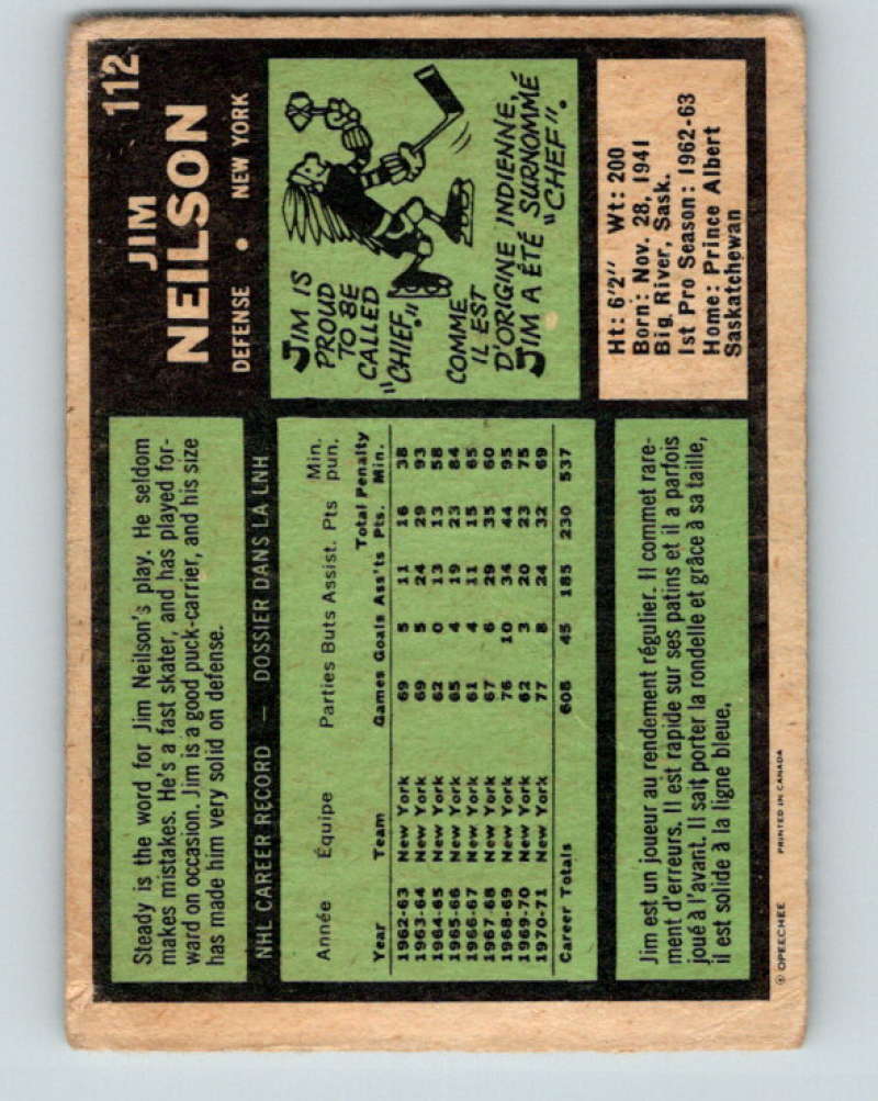 1971-72 O-Pee-Chee #112 Jim Neilson  New York Rangers  8807