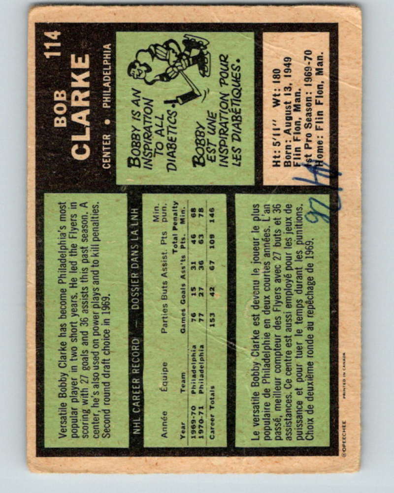 1971-72 O-Pee-Chee #114 Bobby Clarke  Philadelphia Flyers  8809