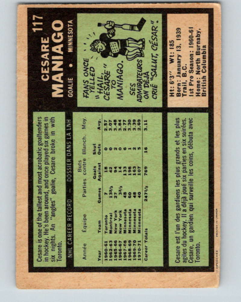 1971-72 O-Pee-Chee #117 Cesare Maniago  Minnesota North Stars  8812 Image 2