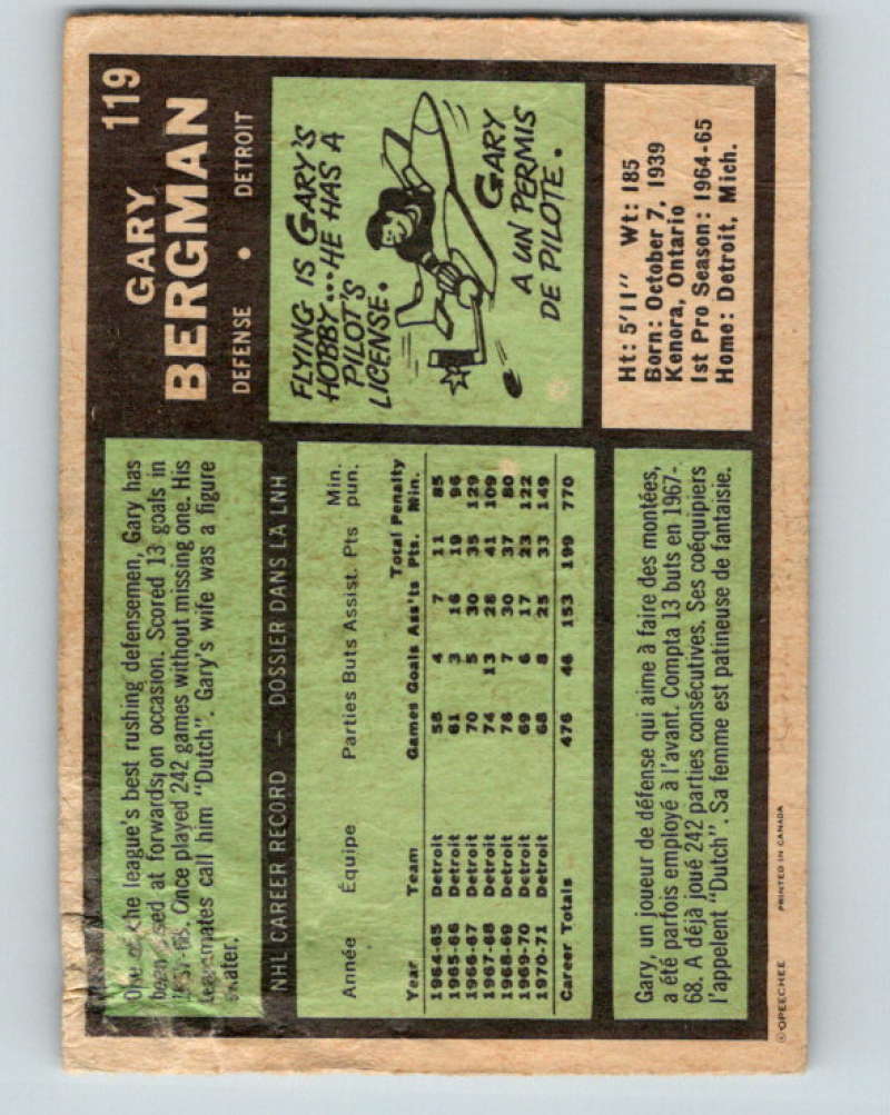 1971-72 O-Pee-Chee #119 Gary Bergman  Detroit Red Wings  8814